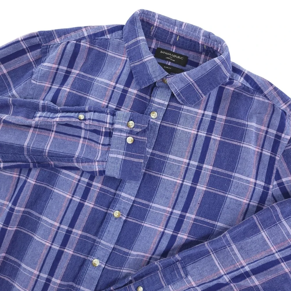 Banana Republic Shirt Mens L Blue Plaid Long Sleeve Linen Blend Slim Fit Casual
